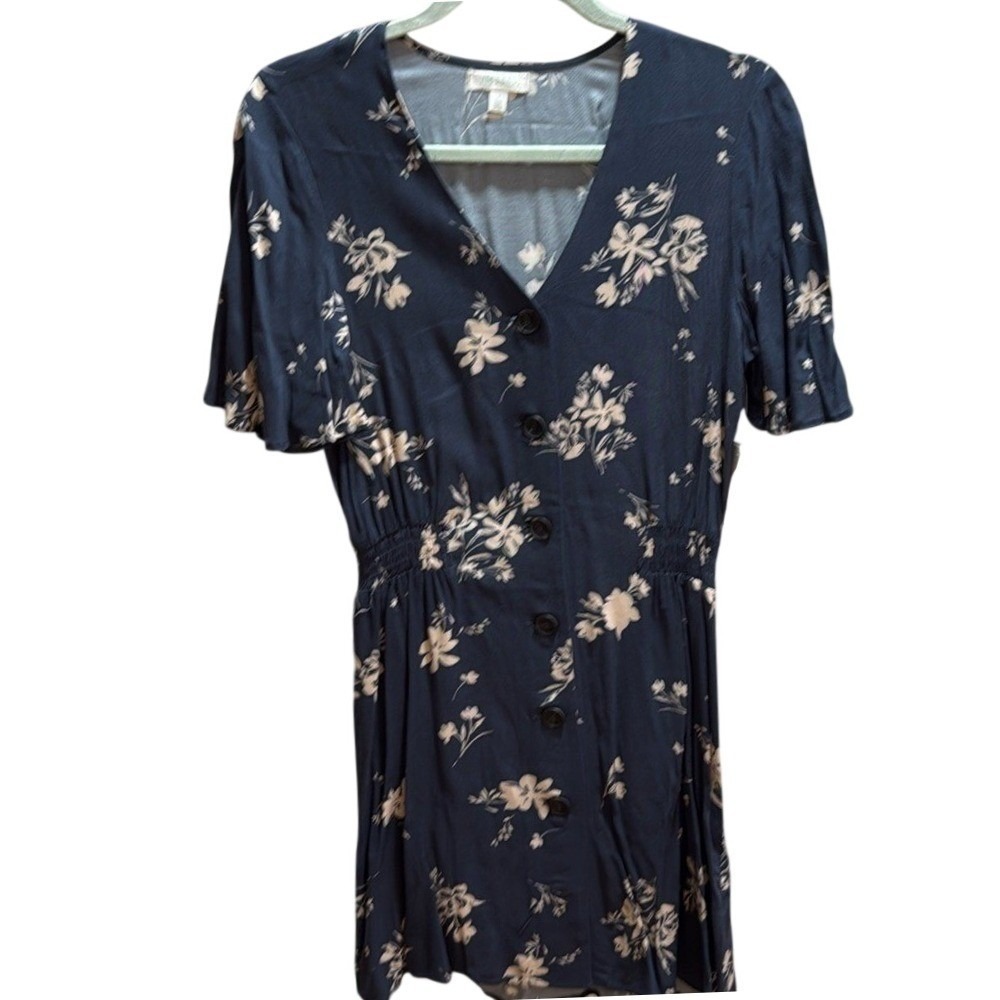 Abound Navy Blue Floral Button Front Smocked Waist Mini Dress Small NWT